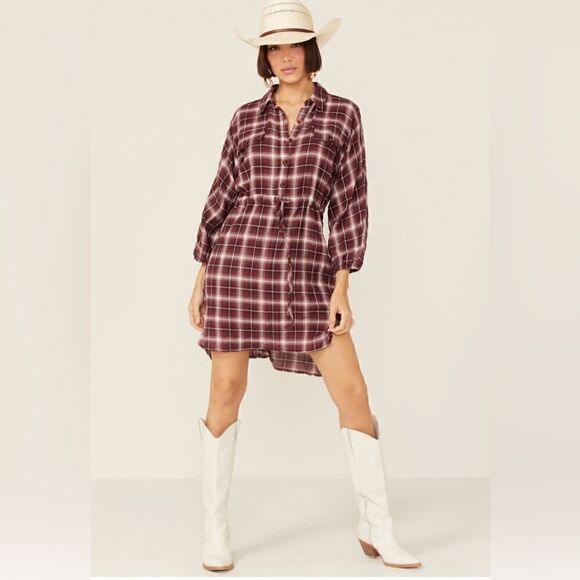 Wild Moss Women's Burgundy Long Sleeve Plaid Mini Shirt Dress M - Picture 1 of 12